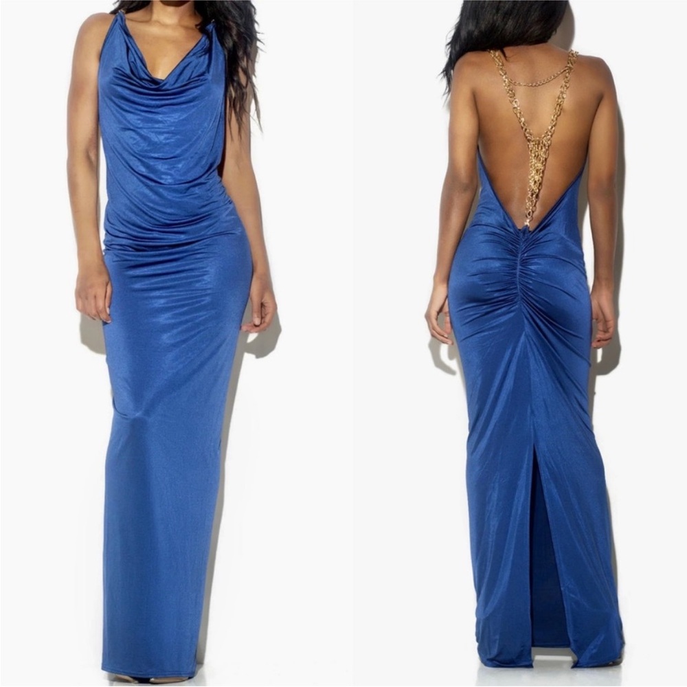 Elegant Blue Backless Evening Gown